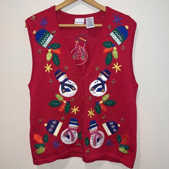 VTG Bobbie Brooks Snowman Themed Holiday Christmas Vest Medium Ugly Sweater - Picture 1 of 8